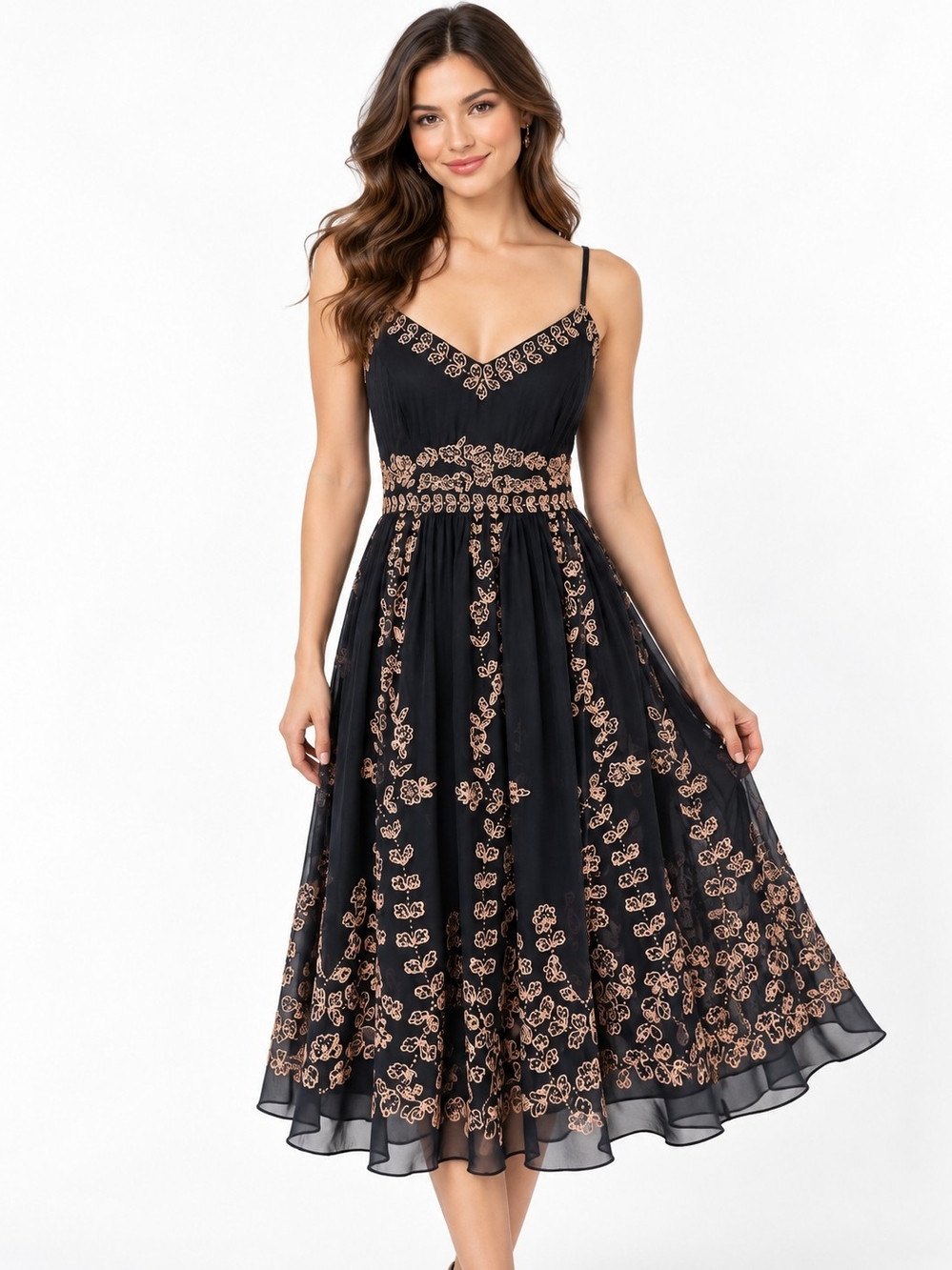 ADRIANNA PAPELL BEADED EMBROIDERED CHIFFON MIDI DRESS SZ 10